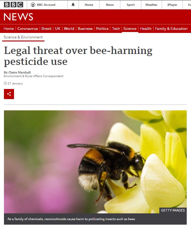 BBC News: Legal threat over bee-harming pesticide use