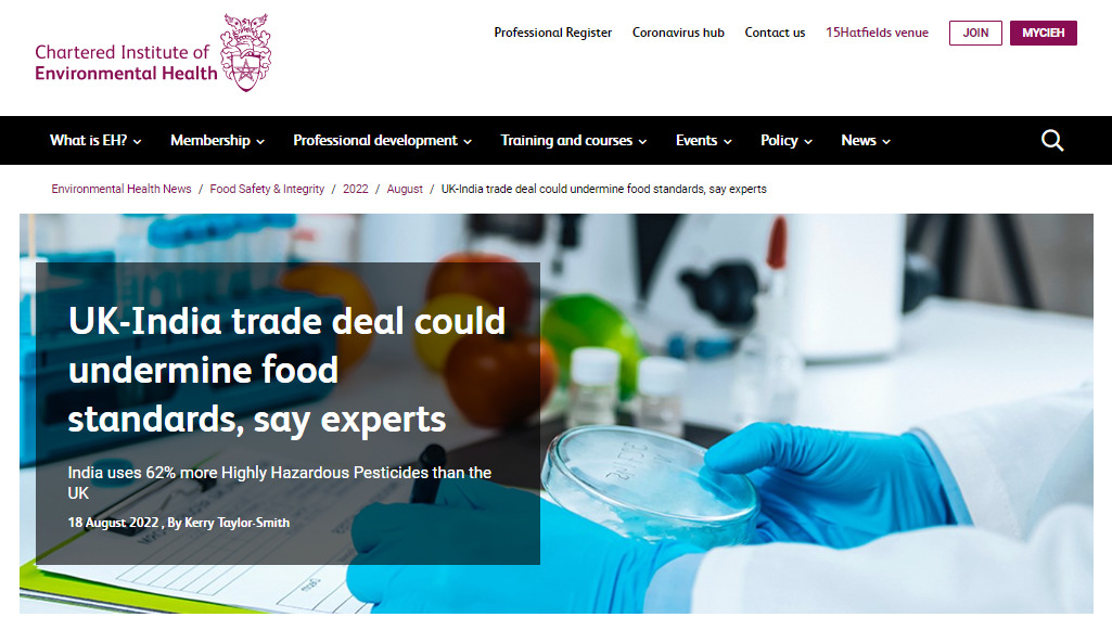 Chartered Institute of Environmental Health: UK-India trade deal could undermine food standards