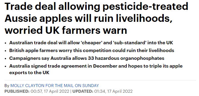 Daily Mail: Trade deal allowing pesticide-treated Aussie apples will ruin livelihoods, worried UK farmers warn