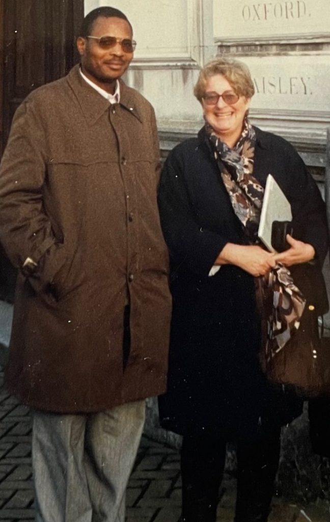 Dorothy Myers (right) and Professor Simplice Davo Vodouhe, Coordinator of OBEPAB, pioneers of organic cotton production in Benin, in London, 1994.