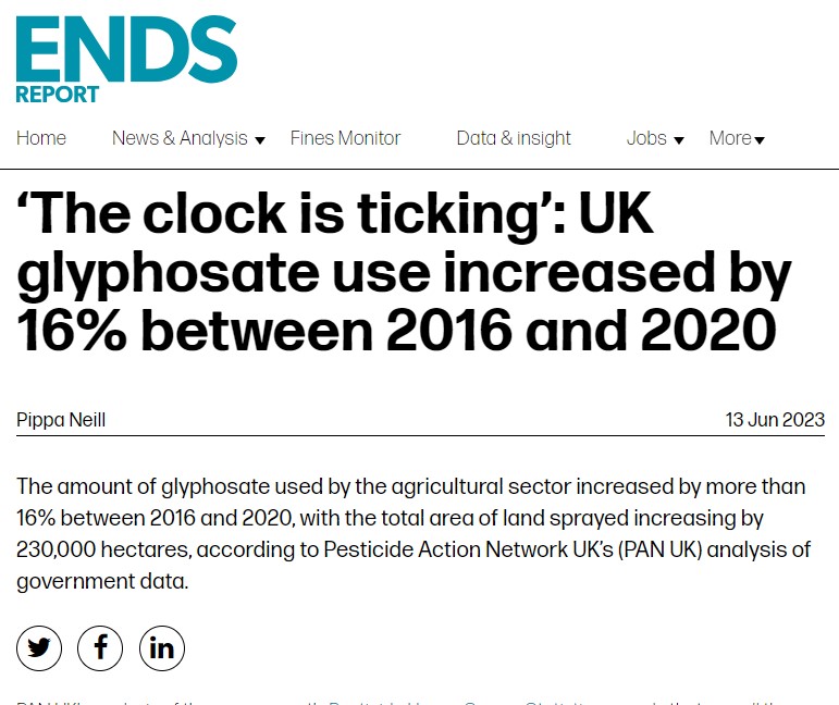 Ends Report: UK glyphosate use increased by 16% between 2016 and 2020