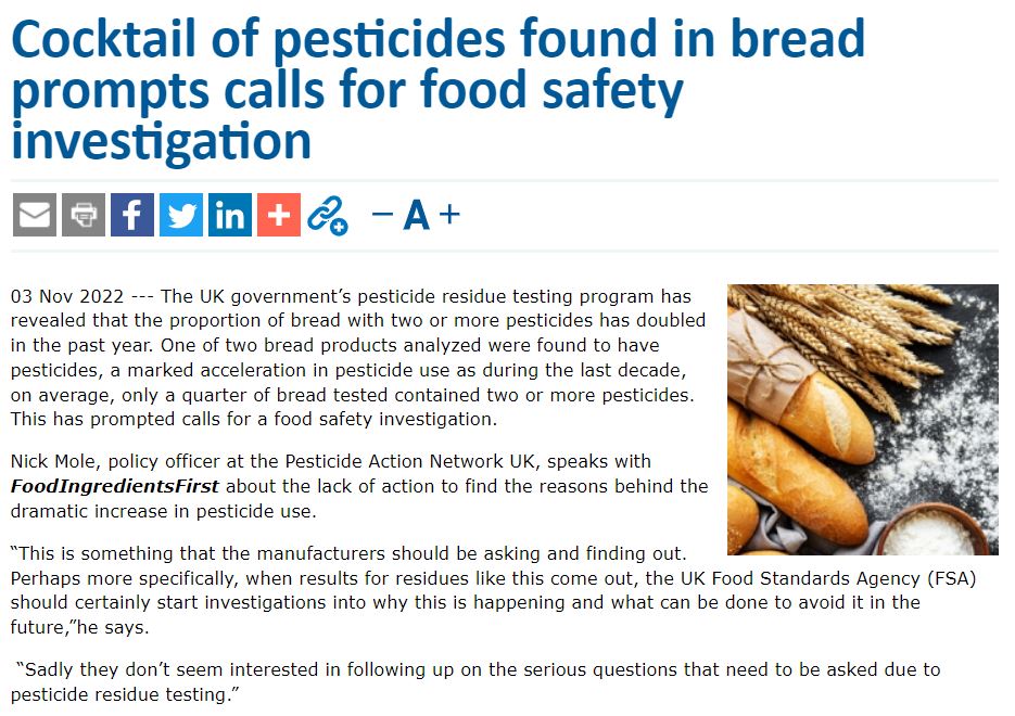 Food Ingredients First: Cocktail of pesticides found in bread prompts calls for food safety investigation