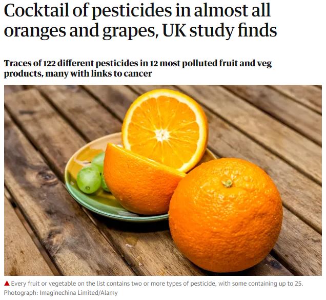 The Guardian - Cocktail of pesticides in almost all oranges and grapes, UK study finds