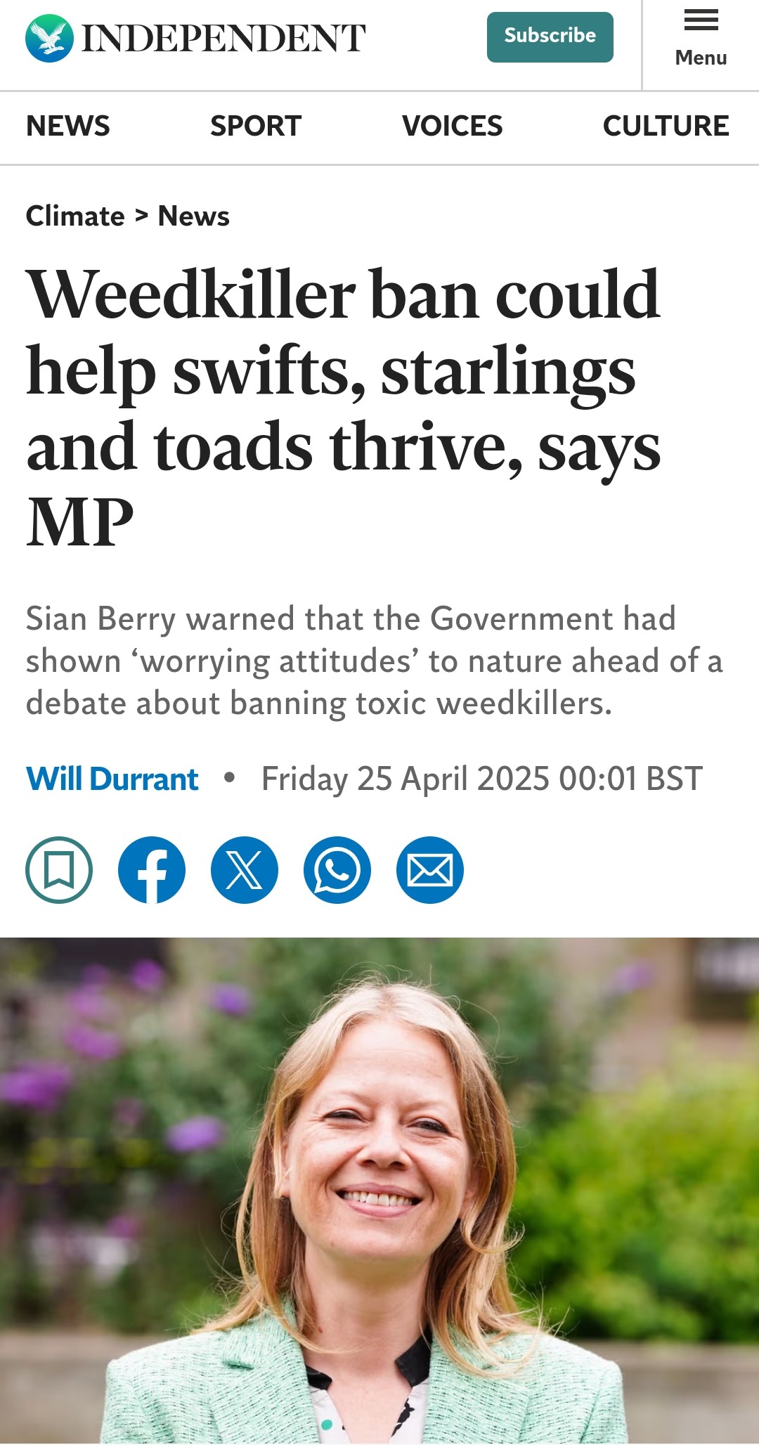 Weedkiller ban could help swifts, starlings and toads thrive, says MP