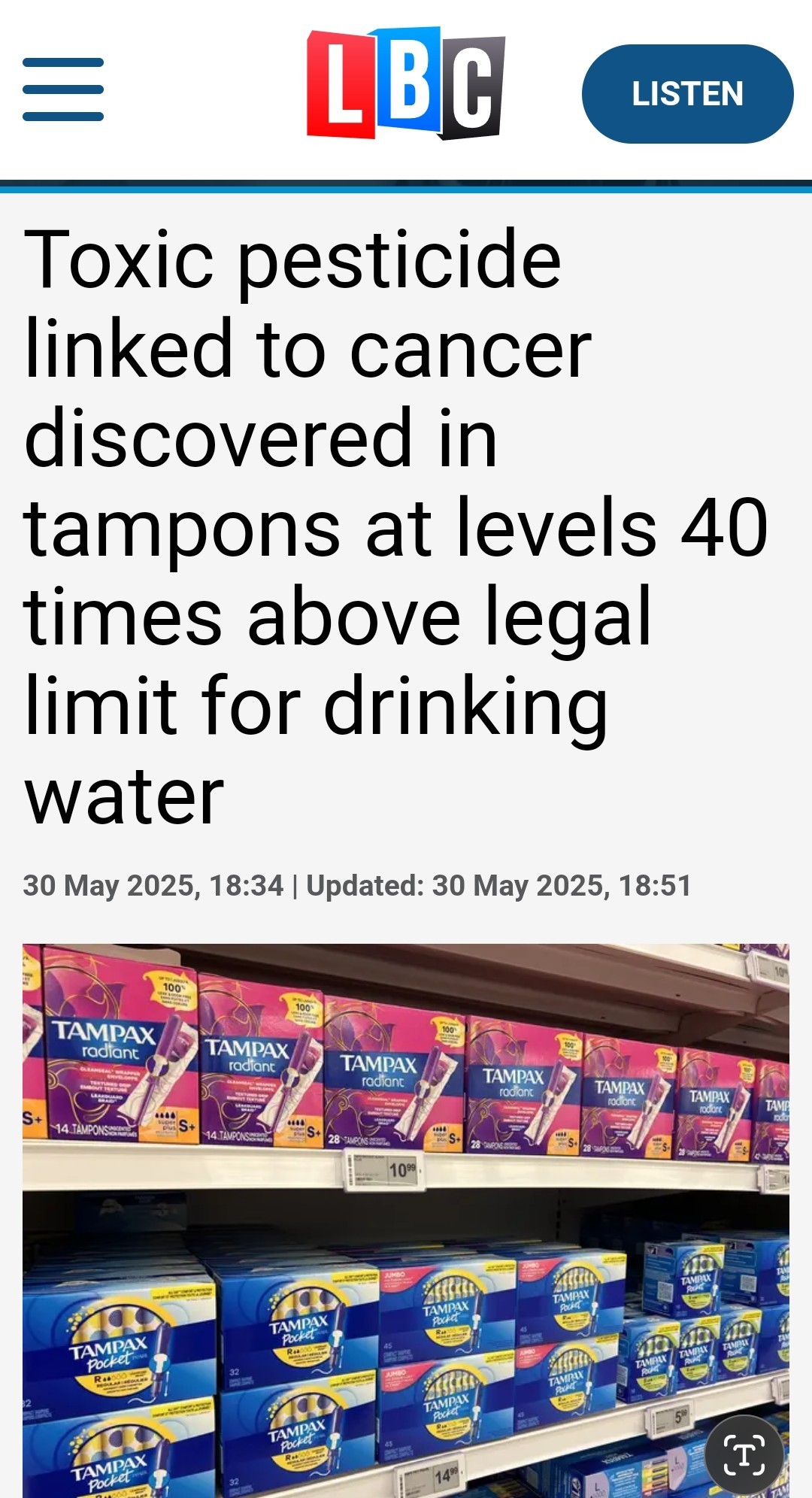 UK tampons found with pesticide levels 40 times higher than drinking water limits