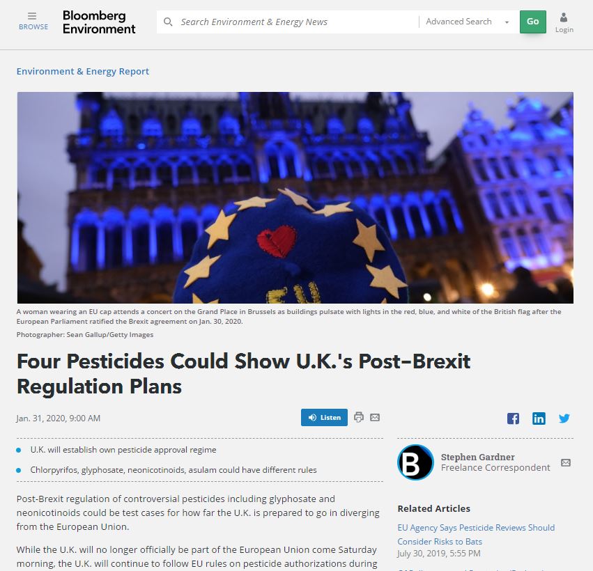 Bloomberg Environment - Four pesticides could show UK's post-Brexit regulation plans