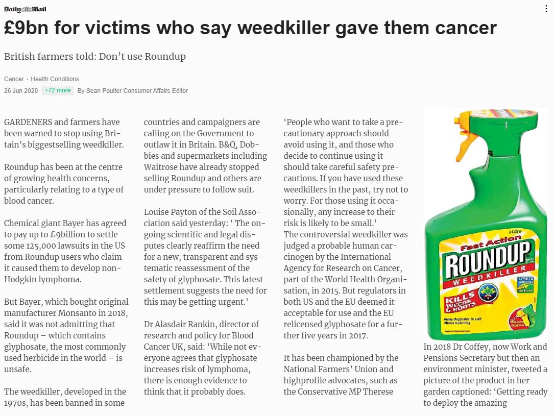Daily Mail - £9bn for victims who say weedkiller gave them cancer