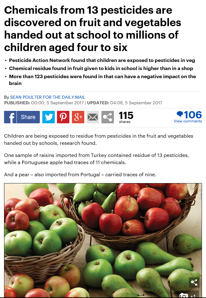 Daily Mail - Chemicals from 13 pesticides are discovered on fruit and vegetables handed out at school