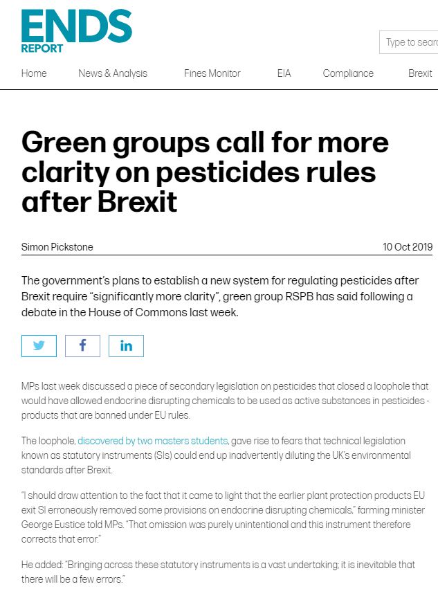 Ends Report - Green groups call for more clarity on pesticides rules after Brexit