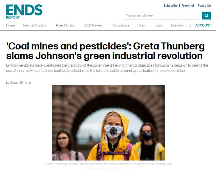 ENDS Report: 'Coal mines and pesticides' - Greta Thunberg slams Johnson's green industrial revolution