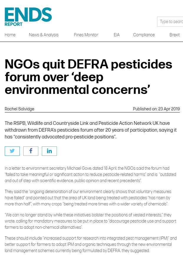 NGOs quit DEFRA pesticides forum over deep environmental concerns