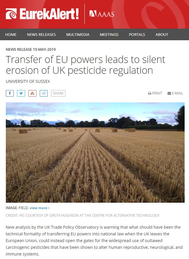 Eurekalert - Transfer of EU powers leads to silent erosion of UK pesticide regulations