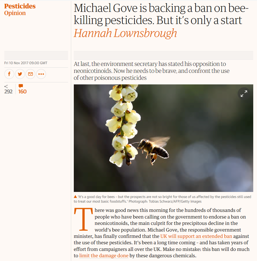 The Guardian - Michael Gove is backing a ban on bee-killing pesticides