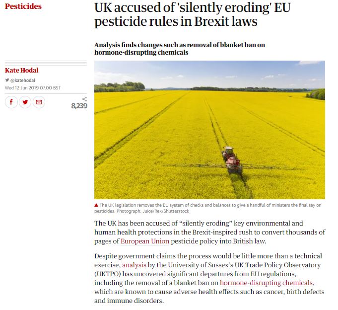 UK accused of 'silently eroding' EU pesticide rules in Brexit laws