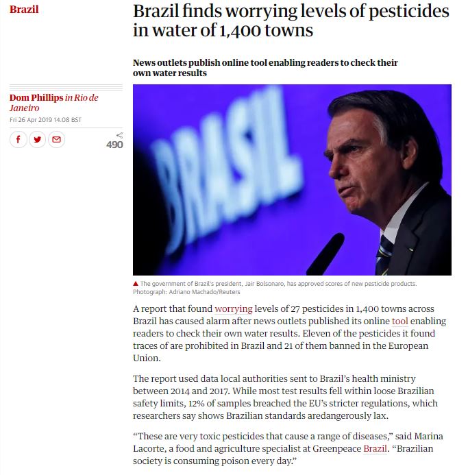 Guardian - Brazil finds worrying levels of pesticides in water of 1,400 towns