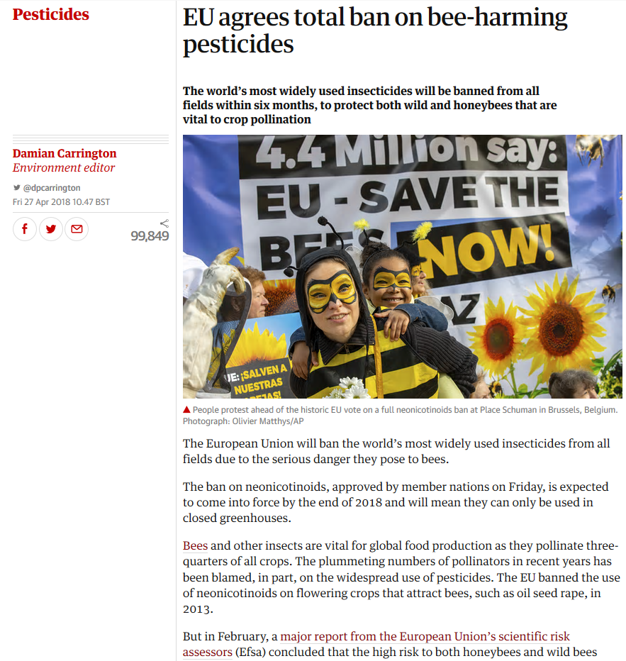 Guardian - 27th April 2018 - EU agrees ban on neonicotinoids