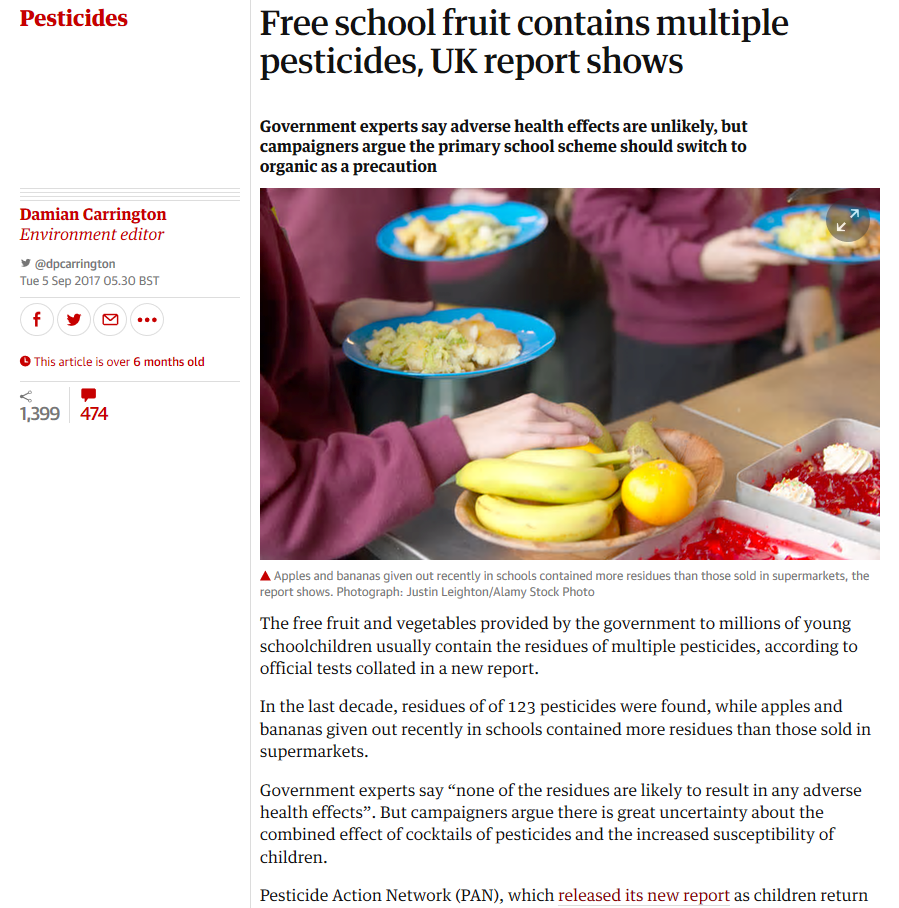 The Guardian - Free school fruit contains multiple pesticides, UK report shows