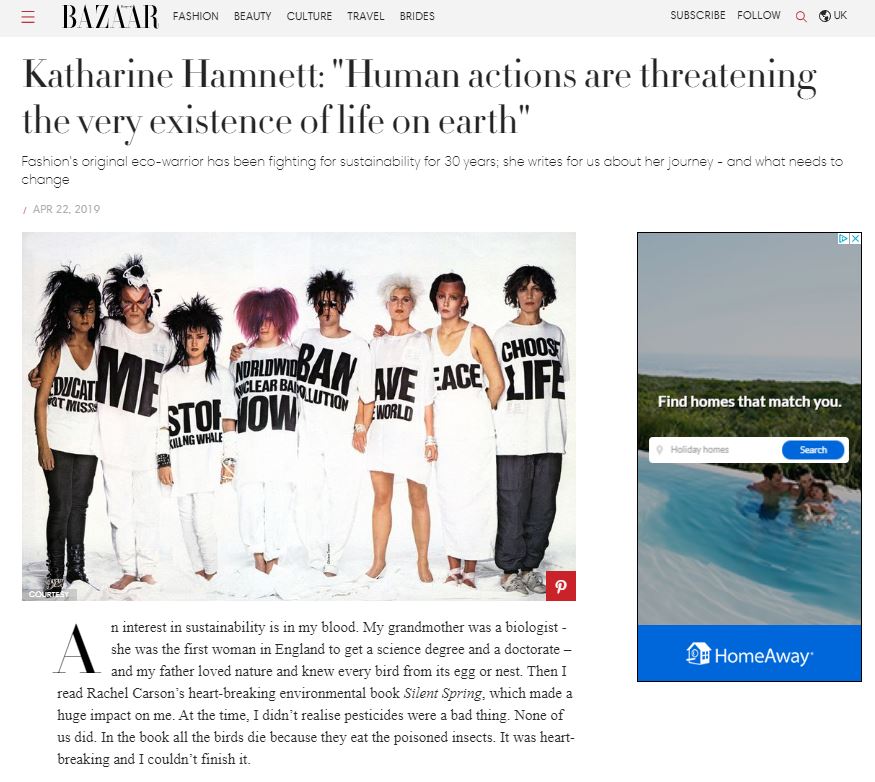 Harper's Bazaar: Katharine Hamnett: "Human actions are threatening the very existence of life on earth"