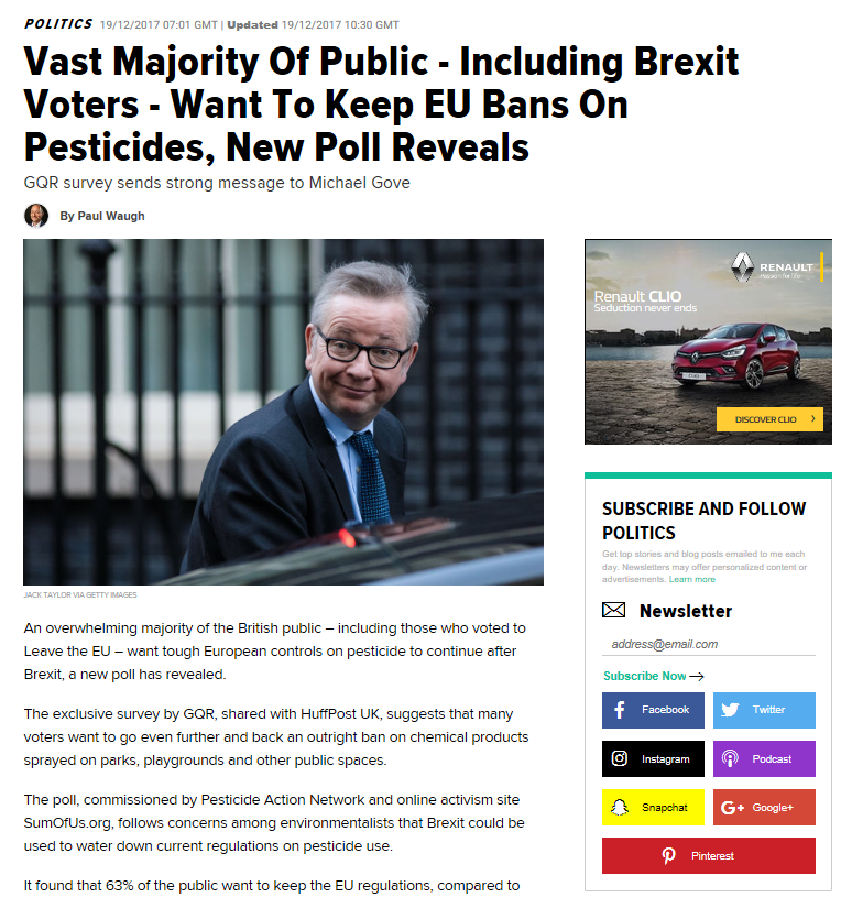 Huffington Post - Vast majority of public want to keep EU bans on pesticides