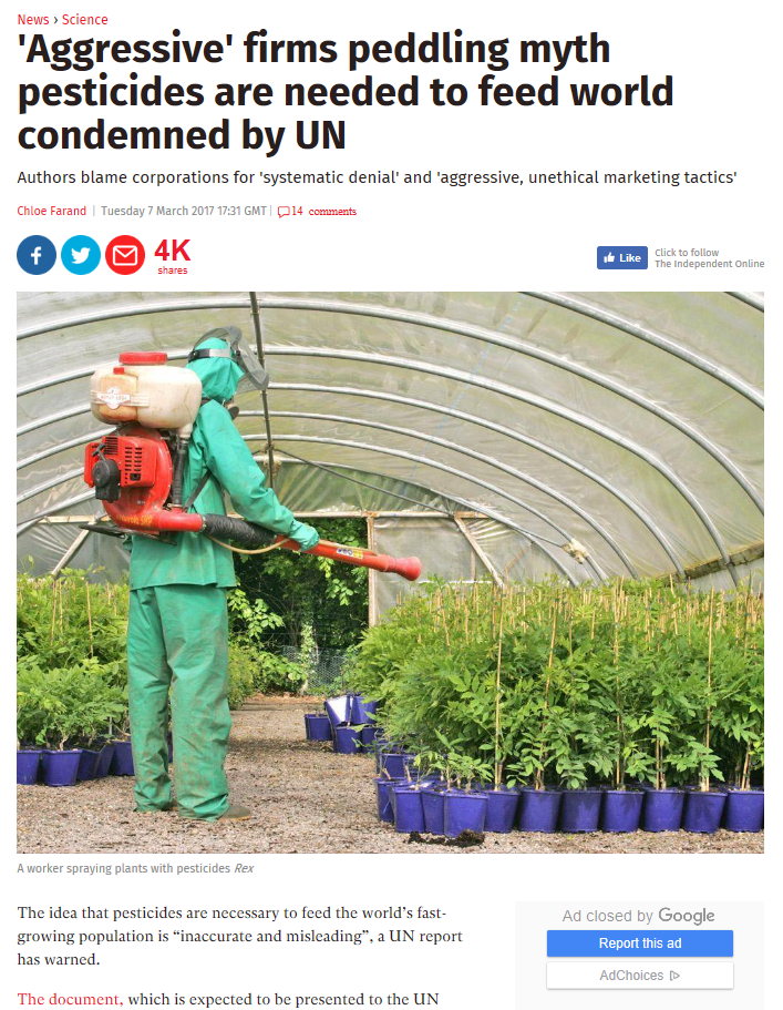 Independent - Aggressive firms peddling myth pesticides are needed to feed world condemned by UN