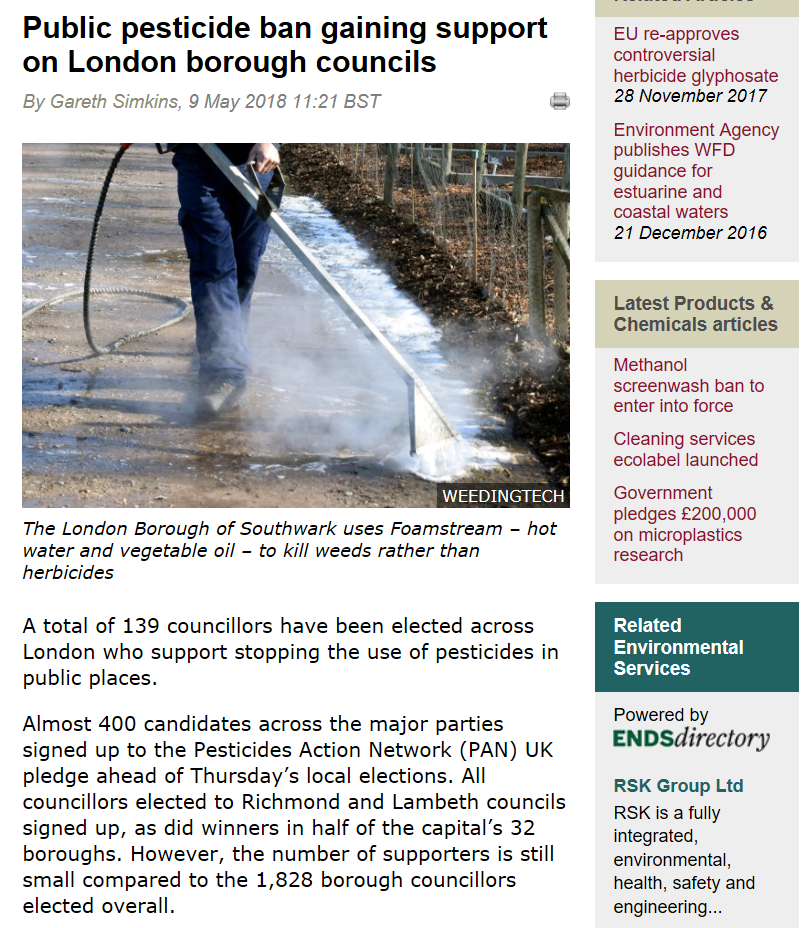 The ENDS Report - Public pesticide ban gaining support on London borough councils