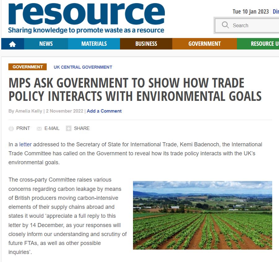 Resource: MPs ask Government to show how trade policy interacts with environmental goals
