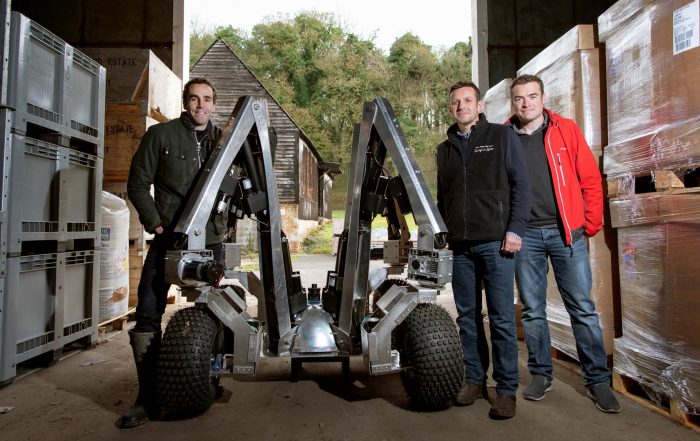 Harry prototype robot together with Sam Watson Jones, co-founder, Small Robot Company, Andrew Hoad, Partner & Head of the Leckford Estate, and Joe Allnutt, Head of Robot Awesomeness (credit Geoff Pugh)