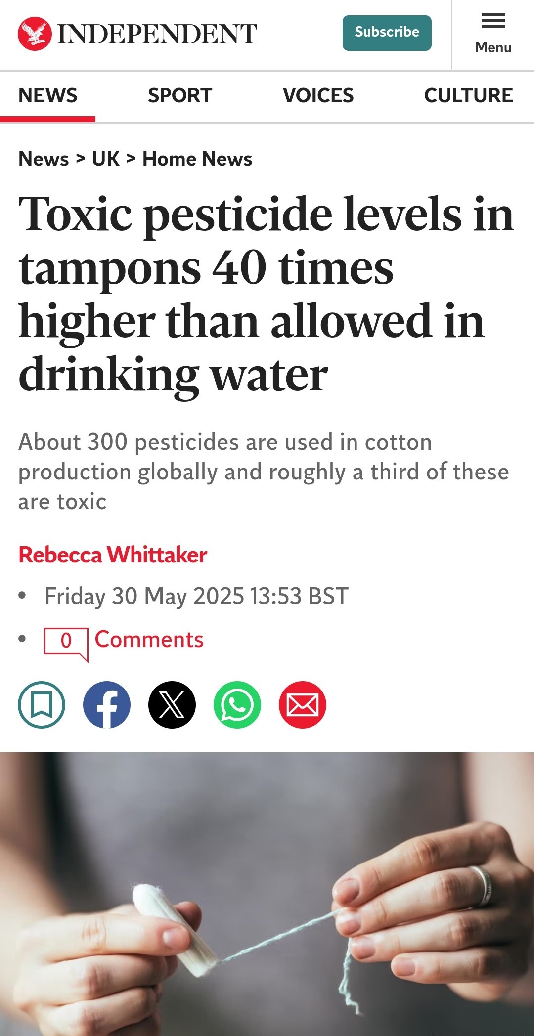Toxic pesticide levels in tampons 40 times higher than allowed in drinking water