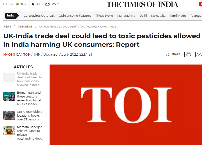 Times of India: UK-India trade deal could lead to toxic pesticides allowed in India harming UK consumers